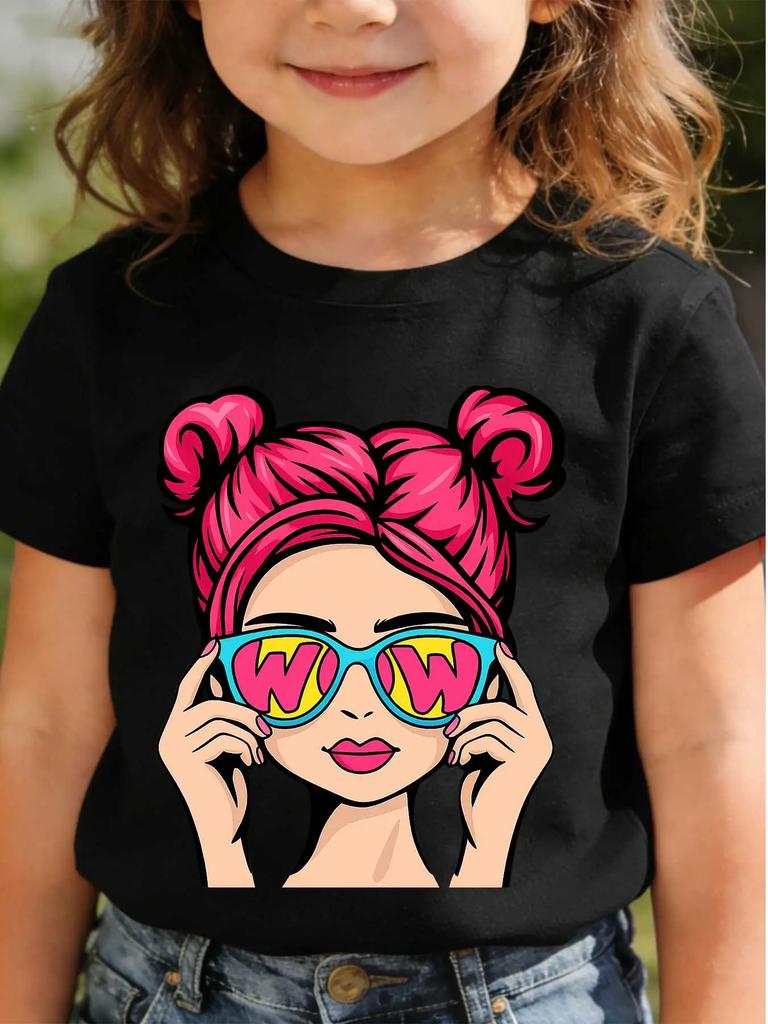 Childrens Shortsleeved Tshirts for Boys and Girls Loose and Breathablepop Art Girl Wow Sunglasses Cartoon Girl Retro Pop