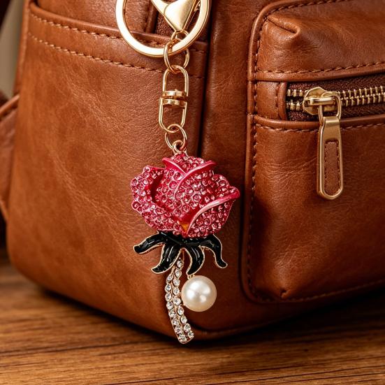 Keychain Pendant Sparkling Rhinestones Inlaid Imitation Pearl Rose Design Key Chain Lightweight Car Bag Decorative Accessory