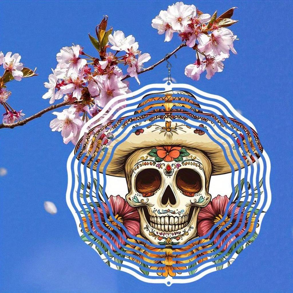 Kaijit - 1pc No Battery Required Cinco De Mayo Skull with Hat Mandala Wind Powered Rotating Wind Chime - Dynamic 2D Hanging Garden Art