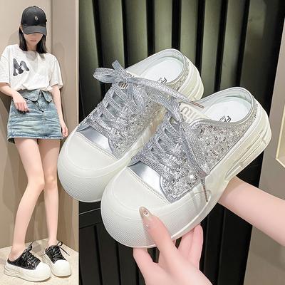 Fashion Baotou Thick-soled Lace-up Slippers 2024 Summer Fashion Sequin Daily Casual Comfortable Breathable Shoes