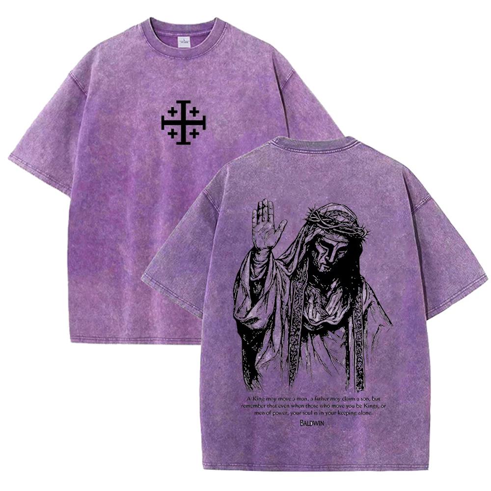 2026 Jesus mit Dornenkrone T-Shirt Vintage gewaschen Grau Grafik-T-Shirt Unisex Lässiges religiöses Oberteil