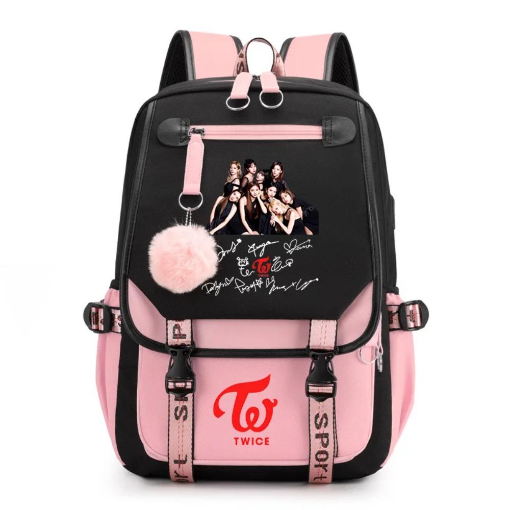 Korean K-POP Elements Pattern Backpack Fashion Casual High Quality USB Zipper Backpack K-POP Combination Pattern Backpacks