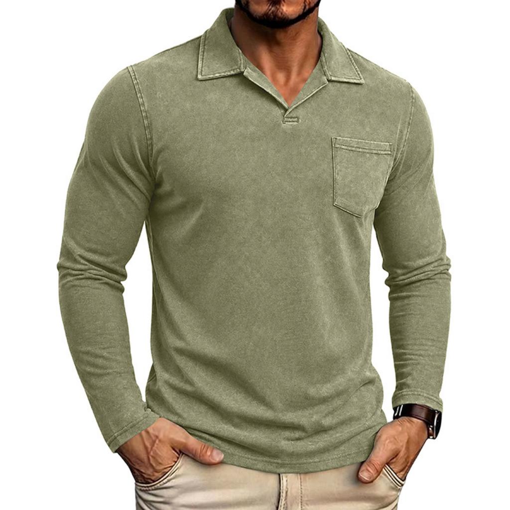 Men's Vintage Washed Long Sleeve Polo Shirt Retro Pocket Collar Casual Top for Everyday Wear