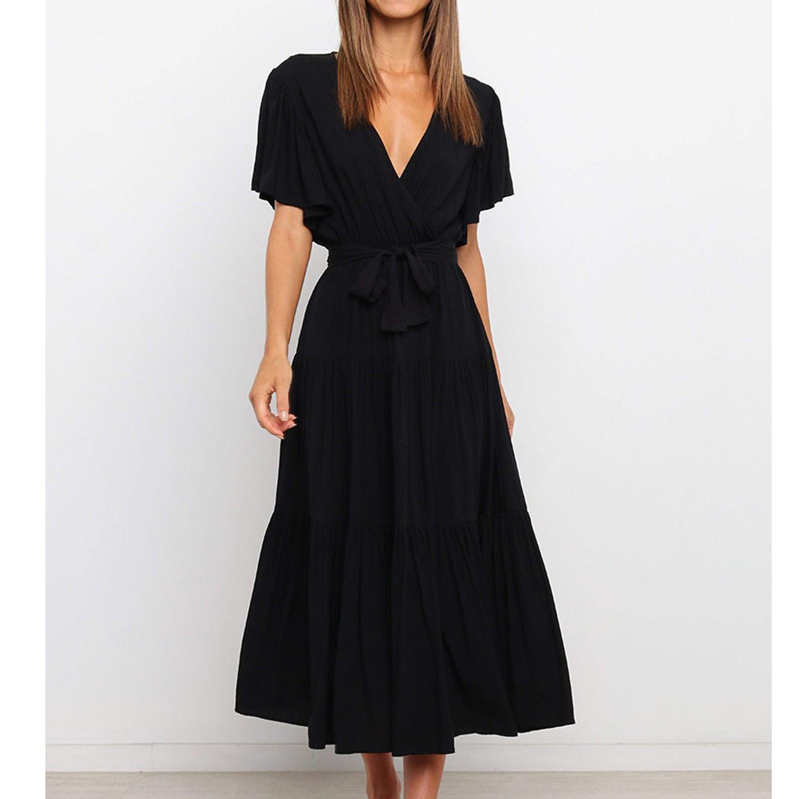 

Женское повседневное свободное однотонное платье с V-образным вырезом и короткими рукавами на талии Платье с короткими рукавами на талии XL чёрный