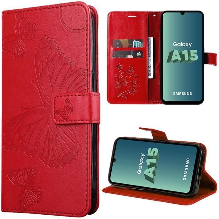 Coque de protection - Samsung - Galaxy A15 - Rouge - Motif Papillon - Antichoc avec Fentes