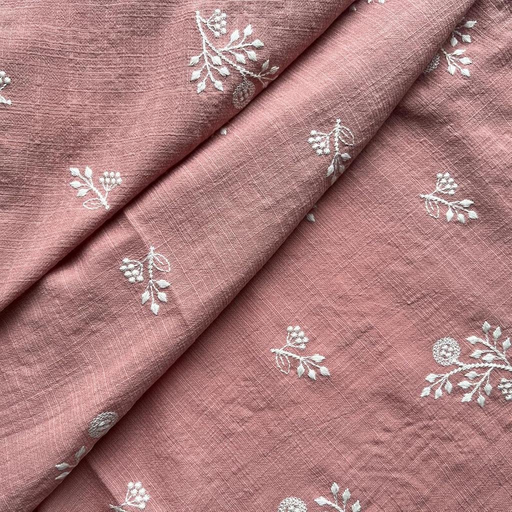 CraftDesignL Floral Cotton Embroidered Japanese Fabric for Quilting, Designer Linen Cotton by Yard (Pink)