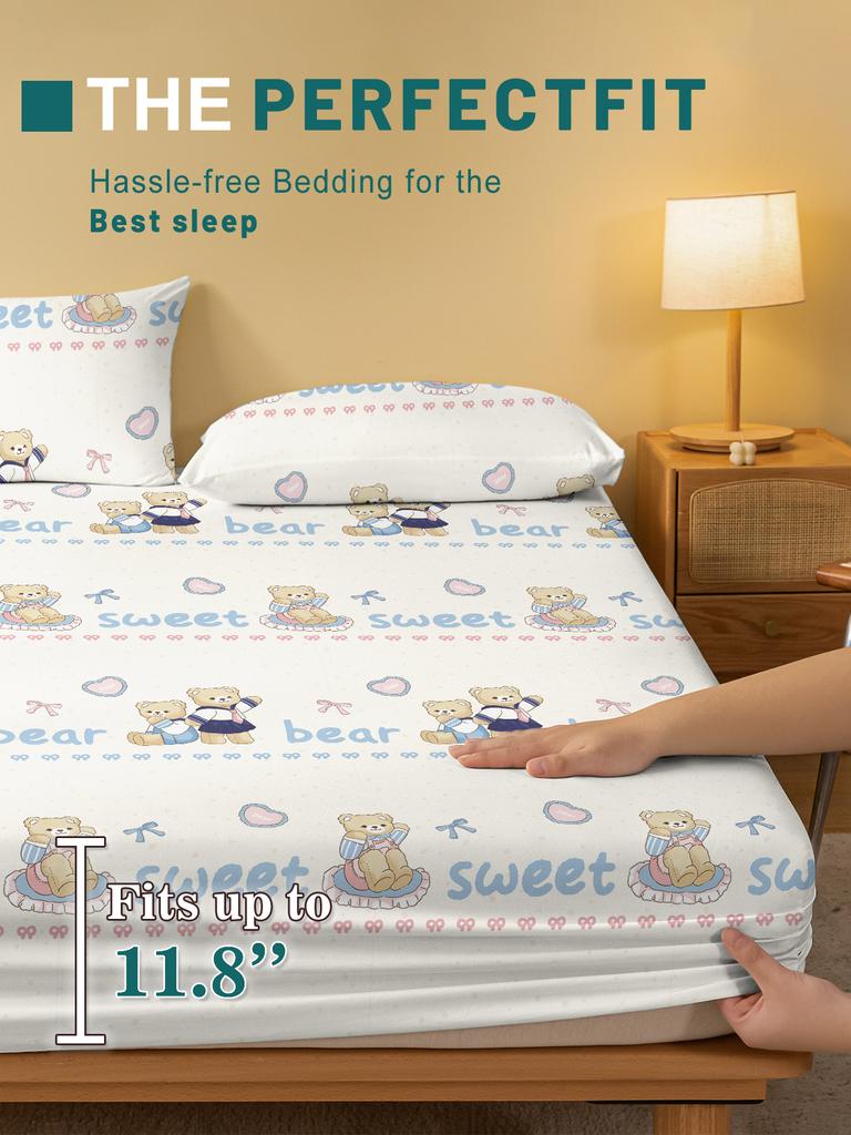 1 Cartoon Cute Animal Bear Printed Matte Fitted Sheet, Bedroom Printed Bed Cover, Bedding (Excluding Pillowcases)