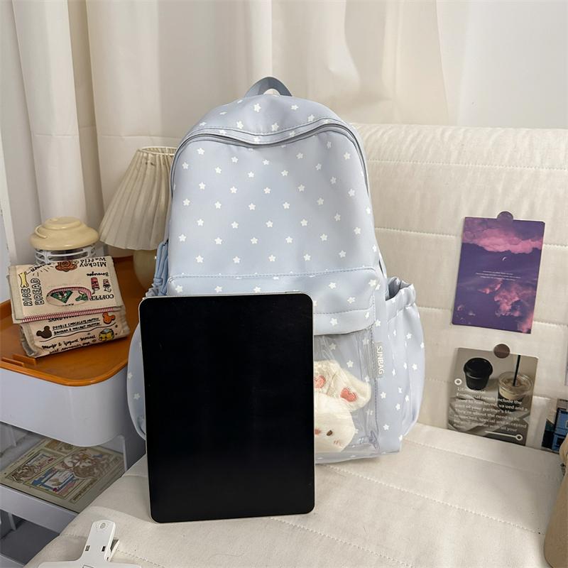 Cute Star Print Backpack for Women & Girls – Transparent Front Pocket, Lightweight Design – Perfect for School, Travel & Daily Use