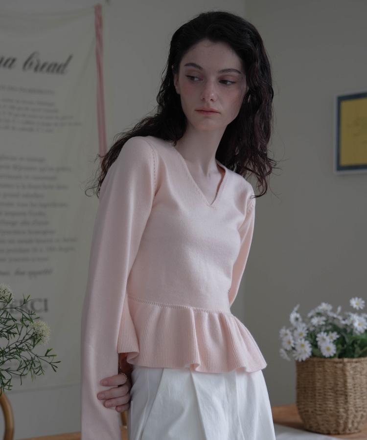 DEHEVE V-Neck Flare Shirring Knit [Pink]