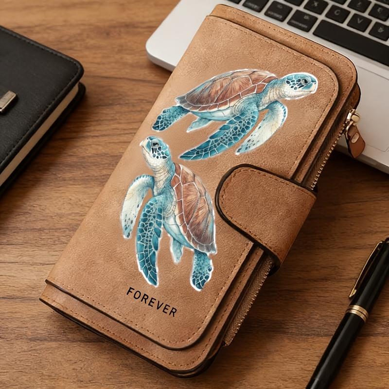 Women's Turtle Long Wallet Tri-fold Card Holder Multi-pocket Printed Zipper Wallet for Cash ID Credit Cards Gift with Fun Design Card Storage