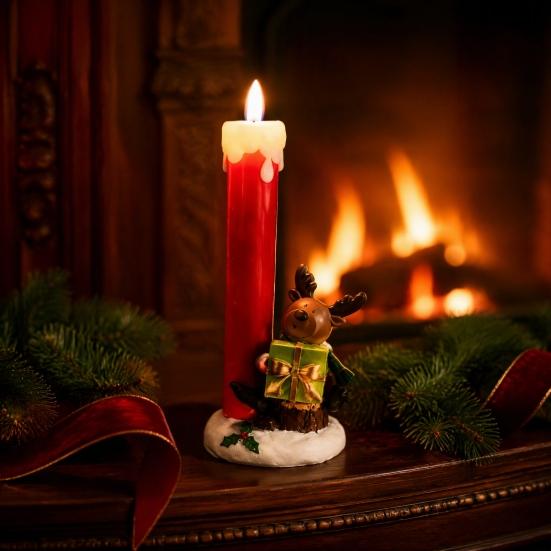 Festive Indoor Tabletop Displays Christmas Resin Figurine Candle Holder, LED Flameless Electronic Light, Decorative Figurines for Holidays Snowman Elf