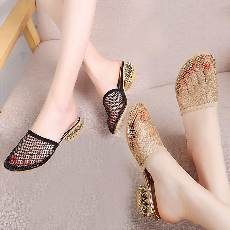 Summer Women Slippers Sexy Mesh Mules Indoor Home Slides Square Toe Female Shoes Outdoor Clogs Beach Sandals Flip Flops 43