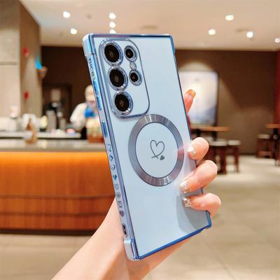 For Samsung Galaxy S25 Ultra Case Compatible with MagSafe Electroplated TPU Phone Cover Hollow Love Hearts
