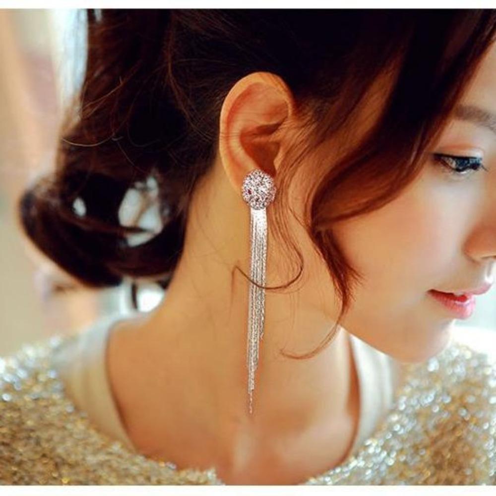 1Pair of Long Fringed Earrings, Korean Version of Fashion Temperament Exaggerated Diamond-set Round Earrings