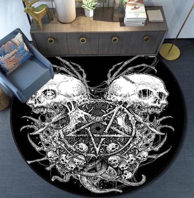 Skull Satanic Goat Pentagram Wing Demon Version Carpet Round Rugs Non-slip Area Rug for Living Room Bedroom Foot Pad Decoration