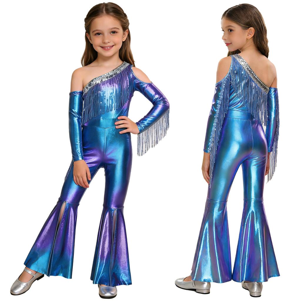 Girls Pageant & Stage Romper: Metallic Shiny Off Shoulder Jumpsuit with Sequin Tassels & Bell Bottom Legs for Disco