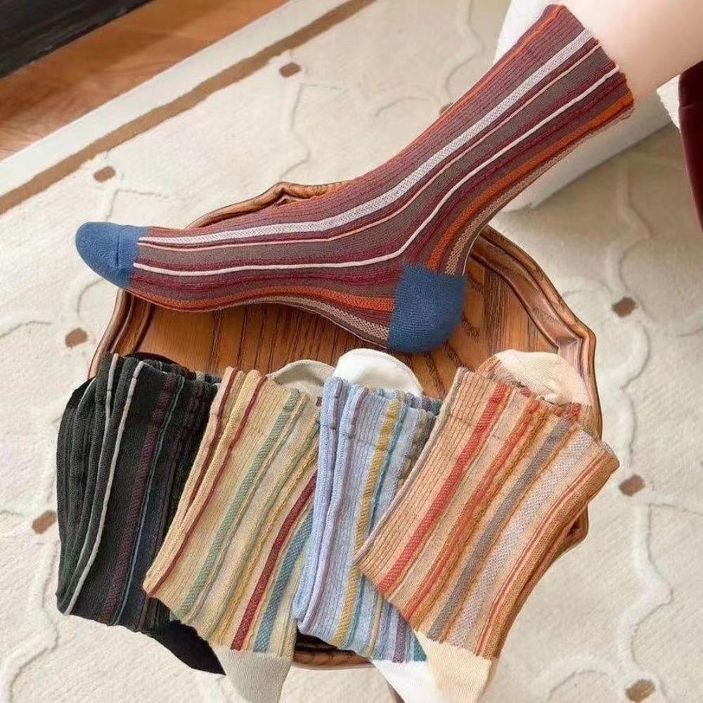 5 Pair Retro Harajuku Socks Korean Style Mid-calf Socks Fashion Striped Socks  for Women