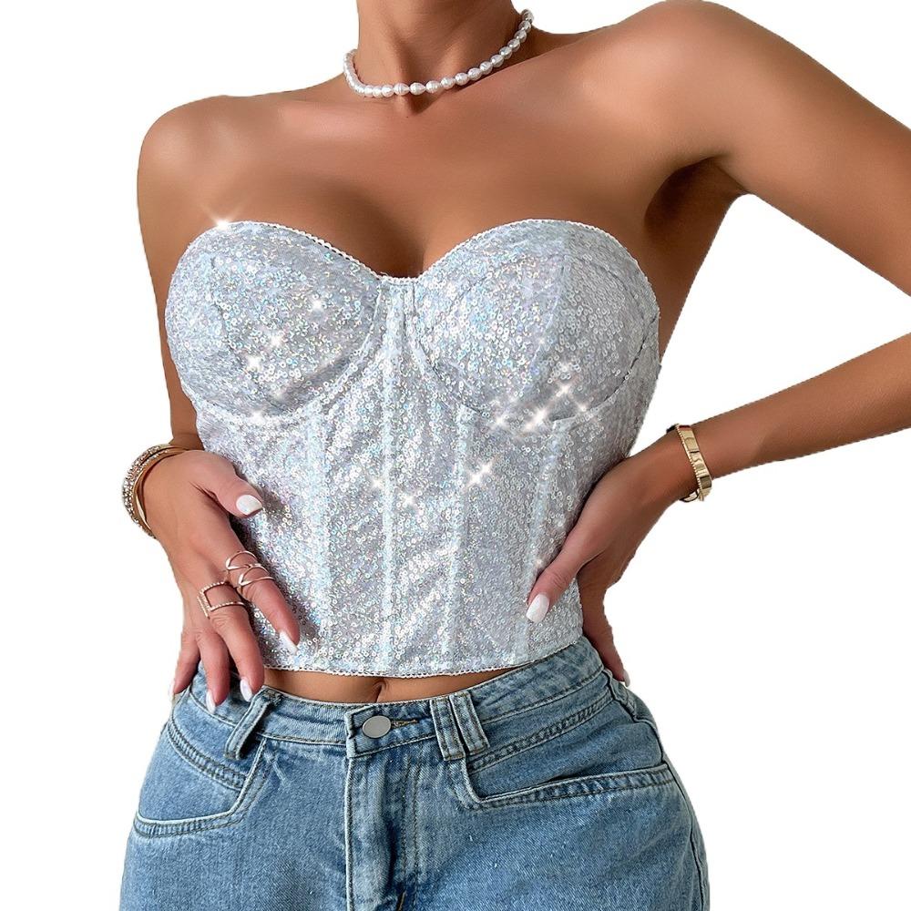 Shiny Sequin Waist Shaper Black Female Street Wear Corset Bustier Top  Women's Clothing Accessories