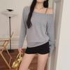 Dark Blue Off-the-Shoulder Long-Sleeve Women's Slimming Autumn Top