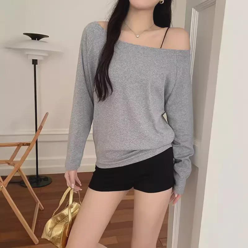 Dark Blue Off-the-Shoulder Long-Sleeve Women's Slimming Autumn Top