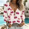 Women's Casual V-Neck Printed 3/4 Sleeve Blouse with Tie Front and Ruffled Trim