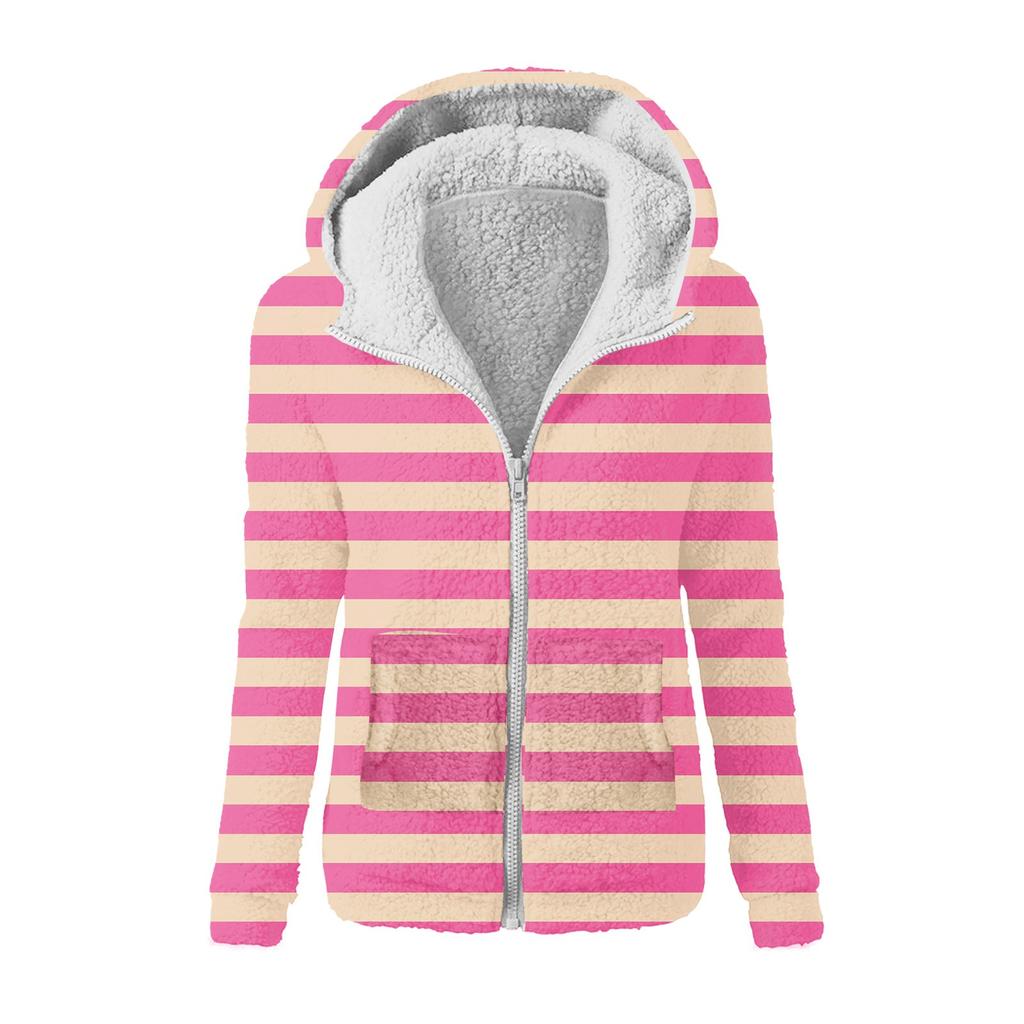 Women's Fashion Printing Sweatshirt Loose Hooded Plush Zip Up Jacket Top