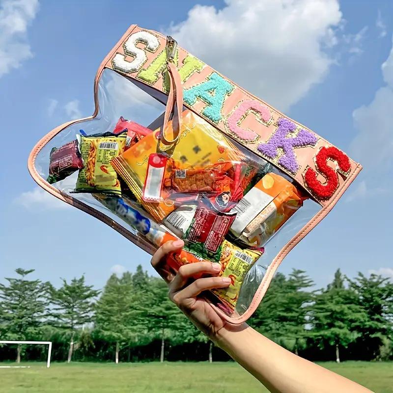 Transparent PVC Zipper Snack Bag with Embroidered Letters - Portable PU Waterproof Makeup and Toiletry Handbag