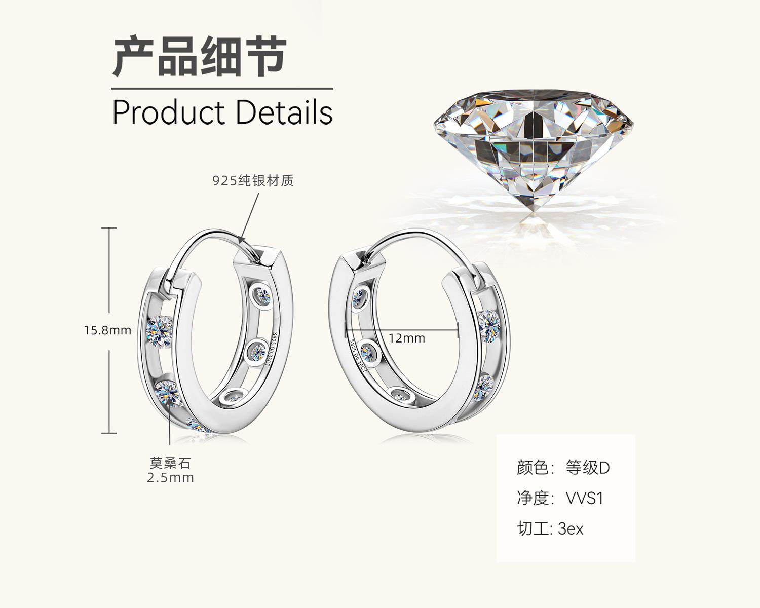 

Silvere Glam 2025 Новые продукты Ins Серьги с муассанитами, Женские модные крутые клипсы для ушей из стерлингового серебра, Темпераментные высококлассные аксессуары для ушей 0.36 carat+0.36 carat белый