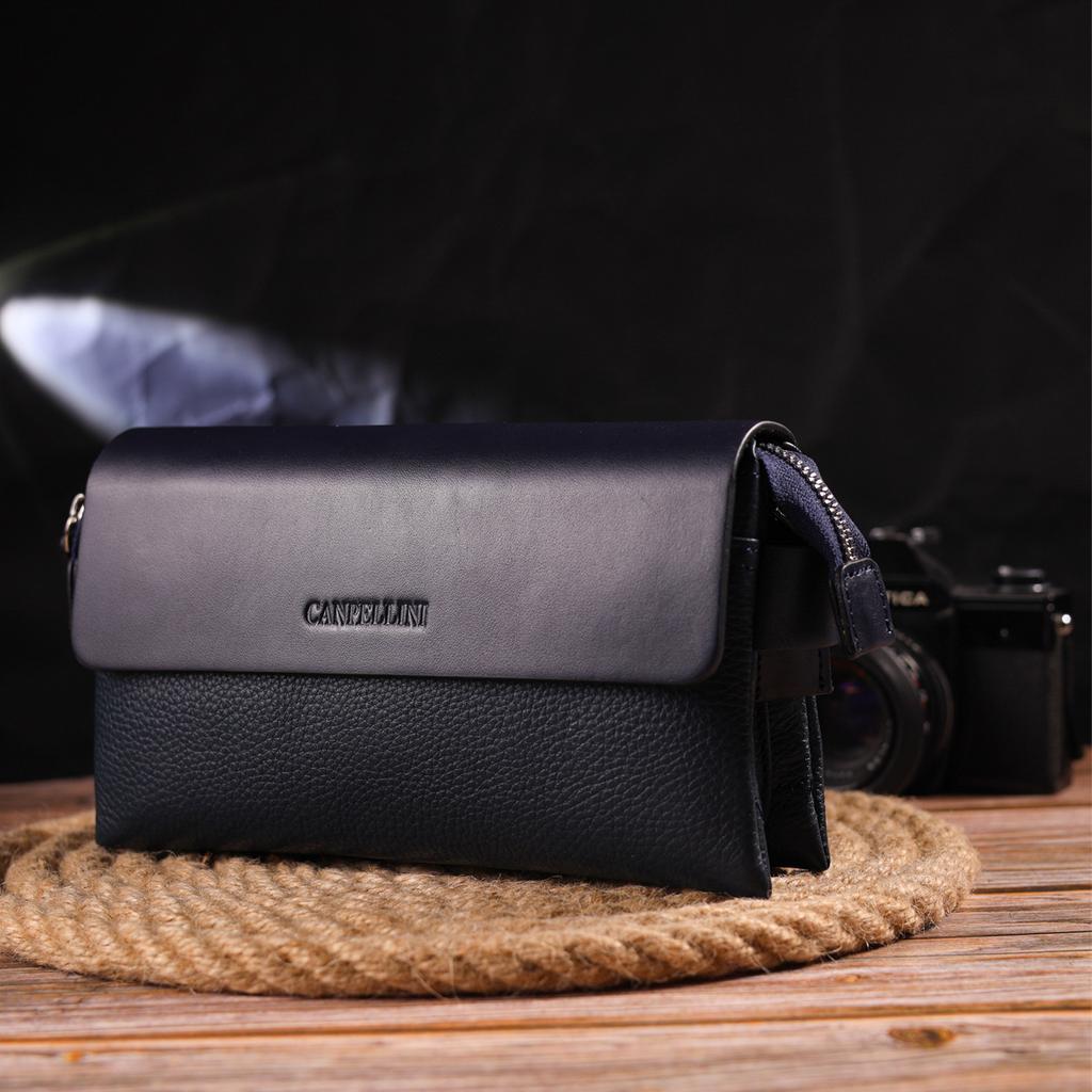 Solid Men's Clutch Made of Genuine Combined Leather CANPELLINI 21565 Blue