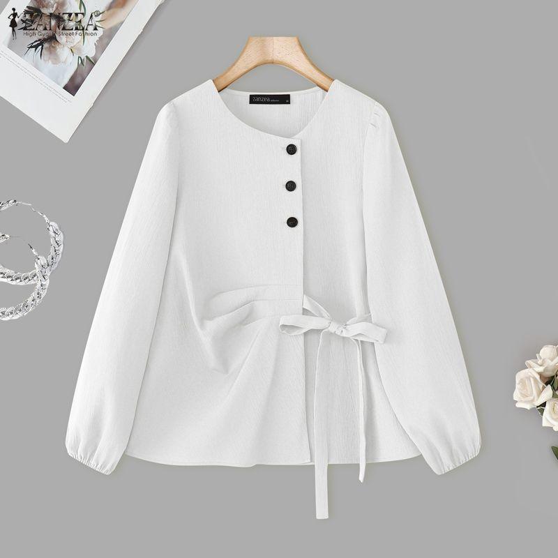 ZANZEA Dámská ležérní jednobarevná halenka s kulatým výstřihem s dlouhým rukávem