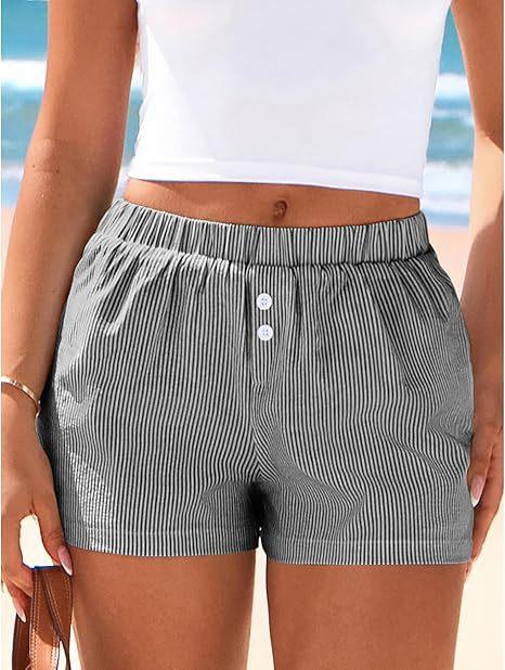 Women s Elastic Waist Striped Shorts Loose Fit High Rise Button Detail Polyester Spandex Spring Casual Hot Pants S