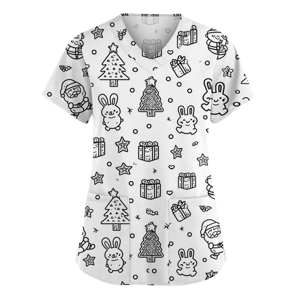 Damenmode V-Ausschnitt Kurzarm Overalls mit Taschen Print Tops Kleidung