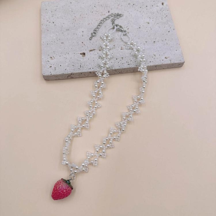 Double Layer Pearl Choker Strawberry Pendant Necklace Collar Necklace