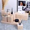 Badezimmerset aus gelbem Marmor im chinesischen Stil: Tablett, Aromatherapie-Ornament, Handseifenspender & Taschentuchbox.