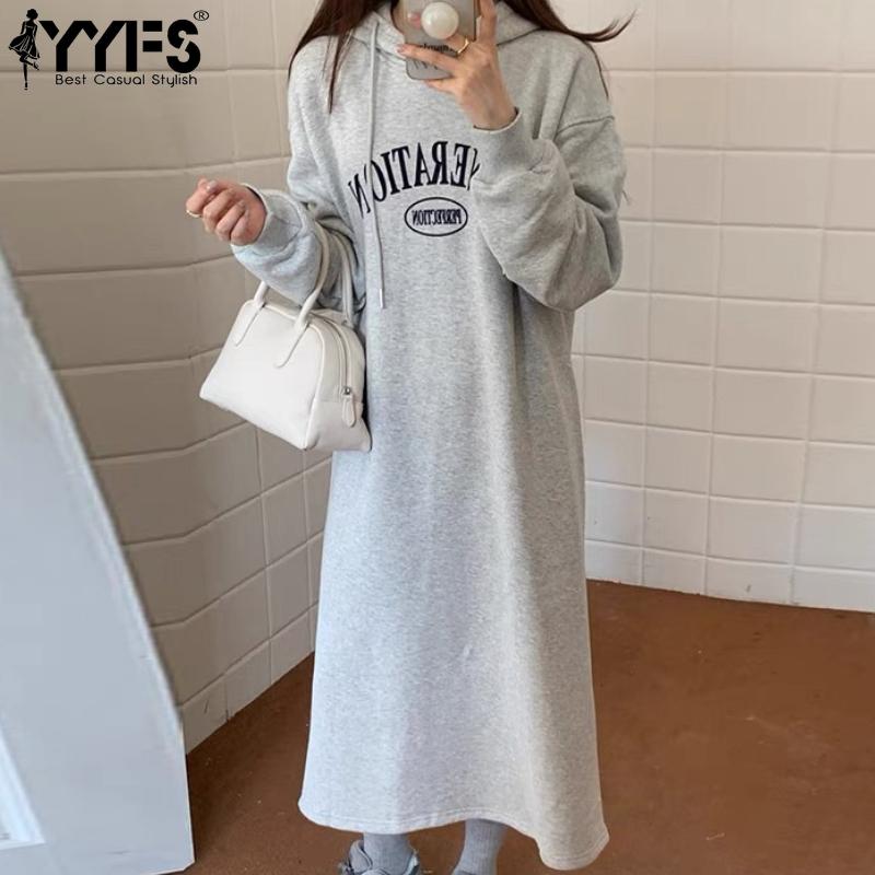 

YYFS Women s Fashion Fall Winter Long Sleeve Hooded Loose Waistline Casual Dresses Size: One Size світло-сірого кольору