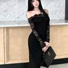 French Retro One-Shoulder Lace Long Sleeve Elegant Black Bodycon Dress