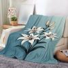 1pc Soft Turquoise Lily Floral Fleece Blanket - All-Season 100% Polyester Plush Bedspread with White Lilies & Green Foliage, Mac