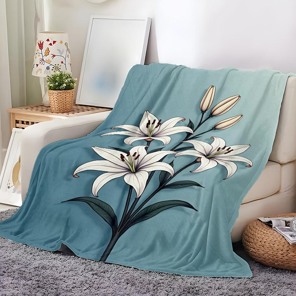 1pc Soft Turquoise Lily Floral Fleece Blanket - All-Season 100% Polyester Plush Bedspread with White Lilies & Green Foliage, Mac