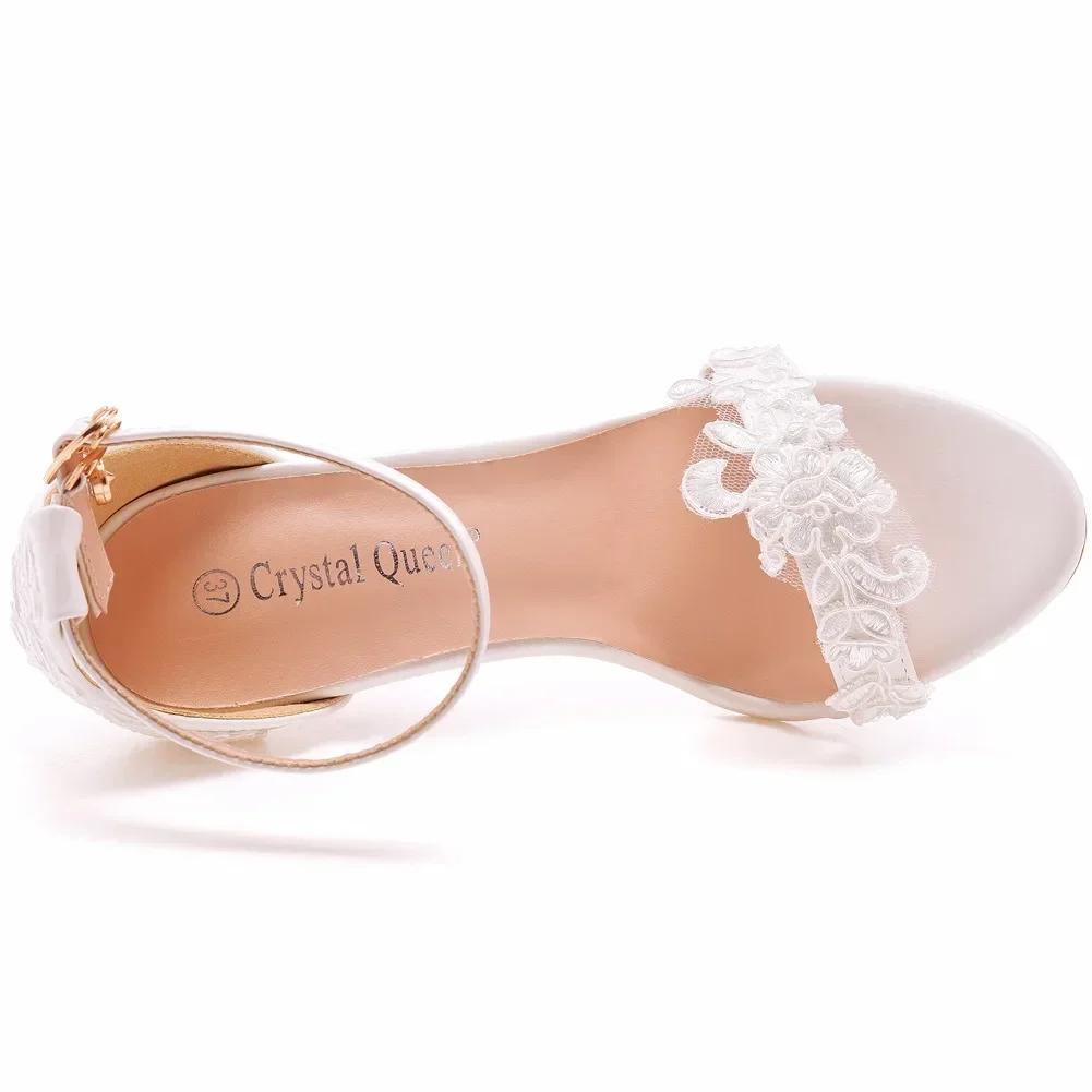 Sexy Ankle Strap Sandals Women Party Lace Decoration PU 11CM Thin Heels Buckle Strap Narrow Band Dress Women's Shoes White