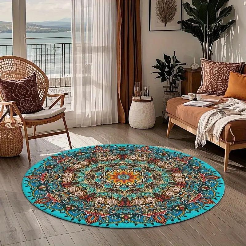 Crystal velvet carpetVibrant Mandala Round Mat- Blue Green Orange Red Floral Pattern- Suitable for Home, Office, Bedroom or Cafe