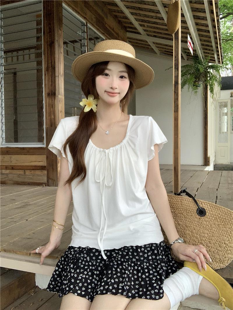 

Plus Size Women s Relaxed Fit Short Sleeve Lace-up T-shirt - Gentle Korean Style XL белый