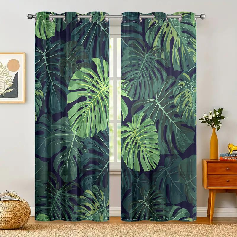 

2 штуки, шторы тропического пальмового листа зеленого цвета - полупрозрачные - подходят для гостиной, спальни, офиса, домашнего декора. W150CM H166CM&Grommet Top зелёный