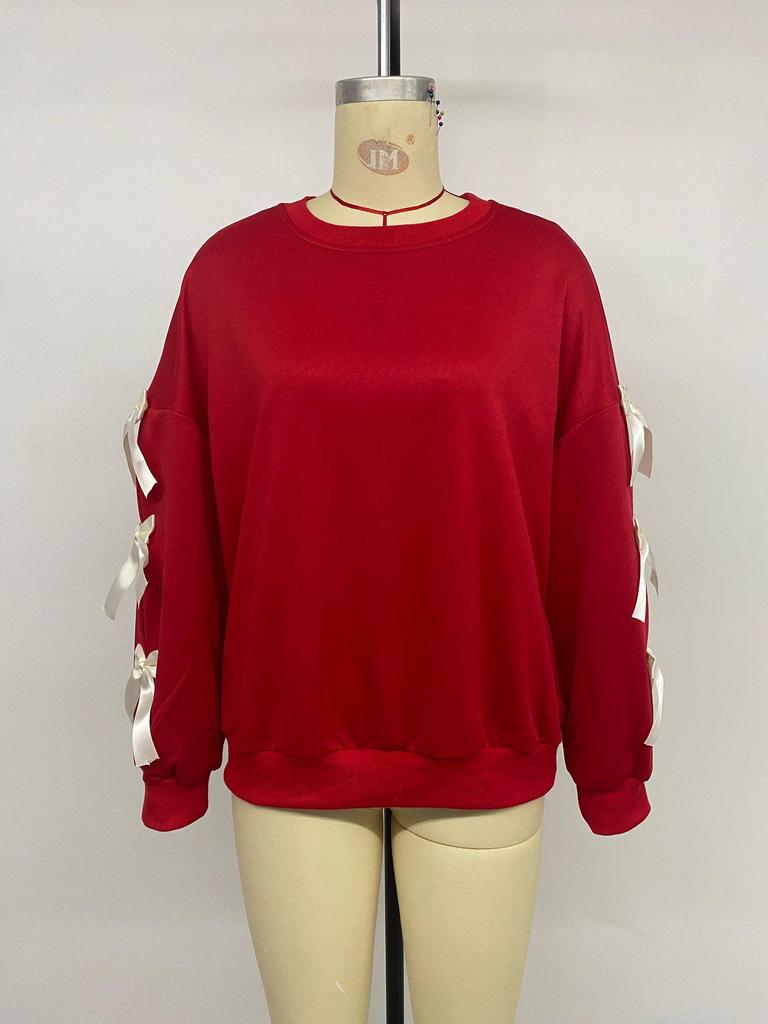 Women's Red Christmas Bow Sweatshirt: Sweet Style, Round Neck, Autumn/Winter