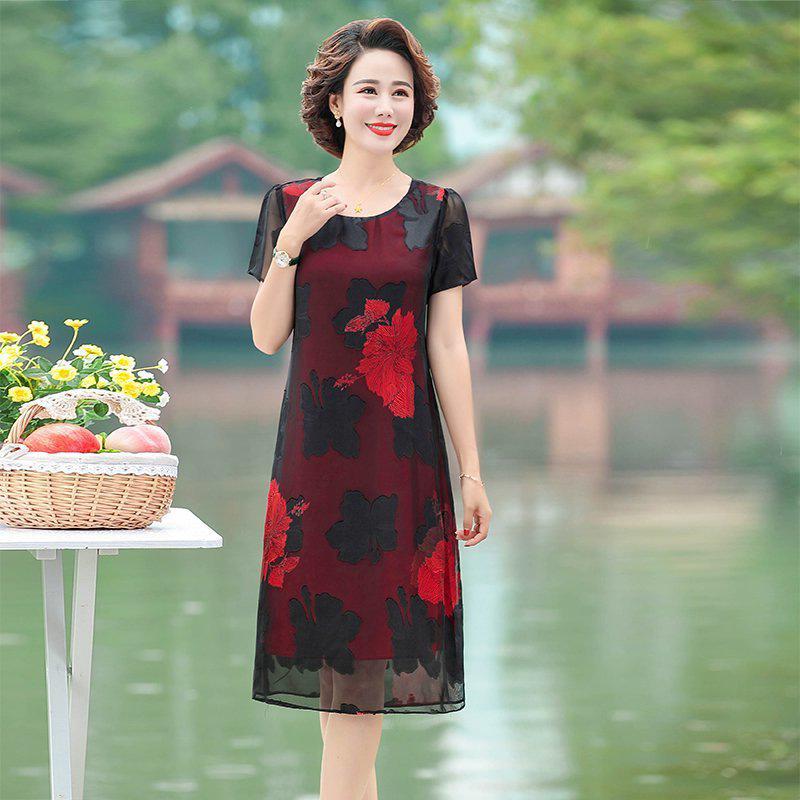 Women's Summer Floral Chiffon Dress - Loose Fit, Plus Size, Slimming, Korean Style for Middle-aged Mothers