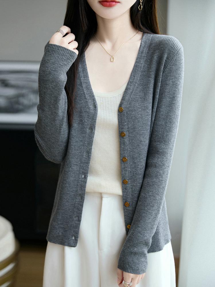Women's Slim-Fit V-Neck Wool Cardigan, Petite-Friendly, Ribbed, Slimming, 100% Wool, Solid Color Sweater Coat