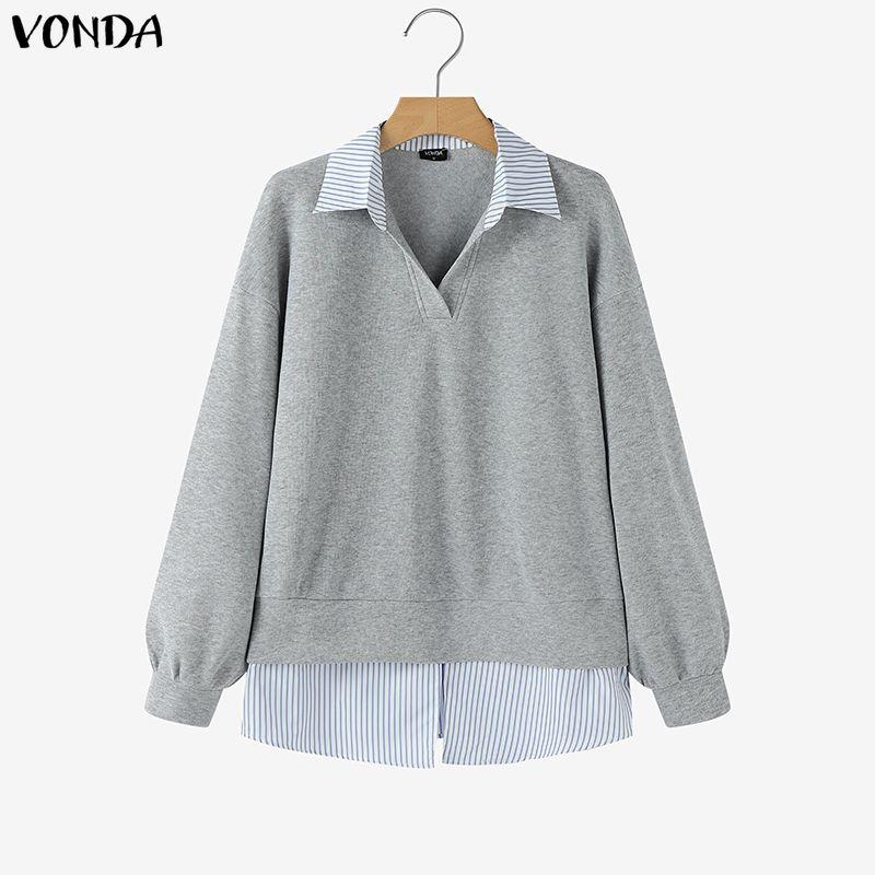 ZANZEA Women Casual Lapel Neck Long Sleeve Patchwork Striped Blouse Tops