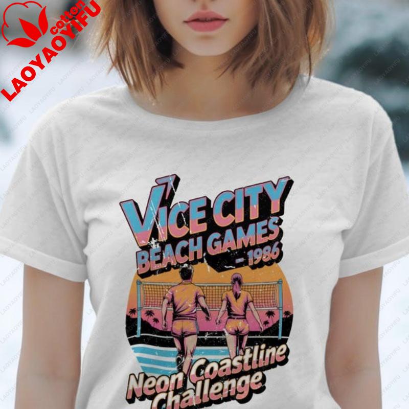 Vice City Games 1986 Neon Coastline Challengeretro Beach Crewneck Casual Tshirt 80s Summer Volleyball Unisex Graphic Tshirt