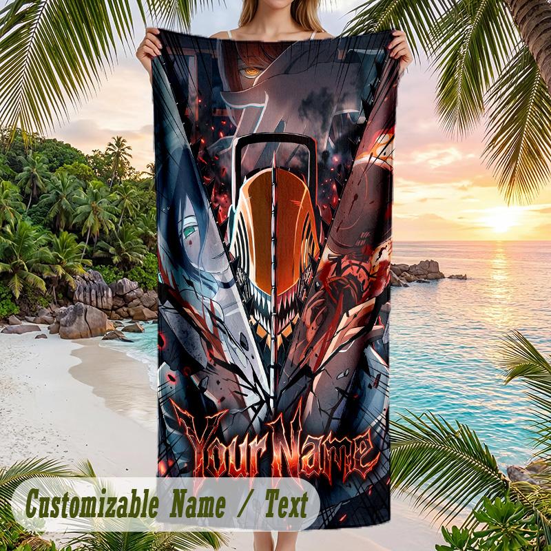 Chainsaw Man Beach Towel, Personalized Custom Name Text, Quick Dry Large Absorbent Towel For Beach Pool