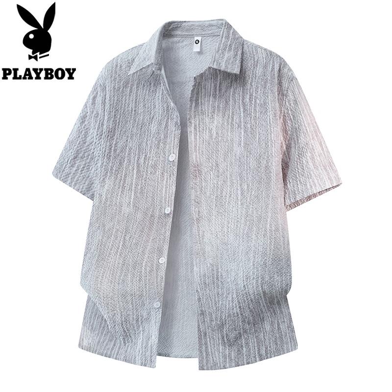 PLAYBOY 2026 Summer Men s Seersucker Short Sleeve Casual Stripe Shirt M