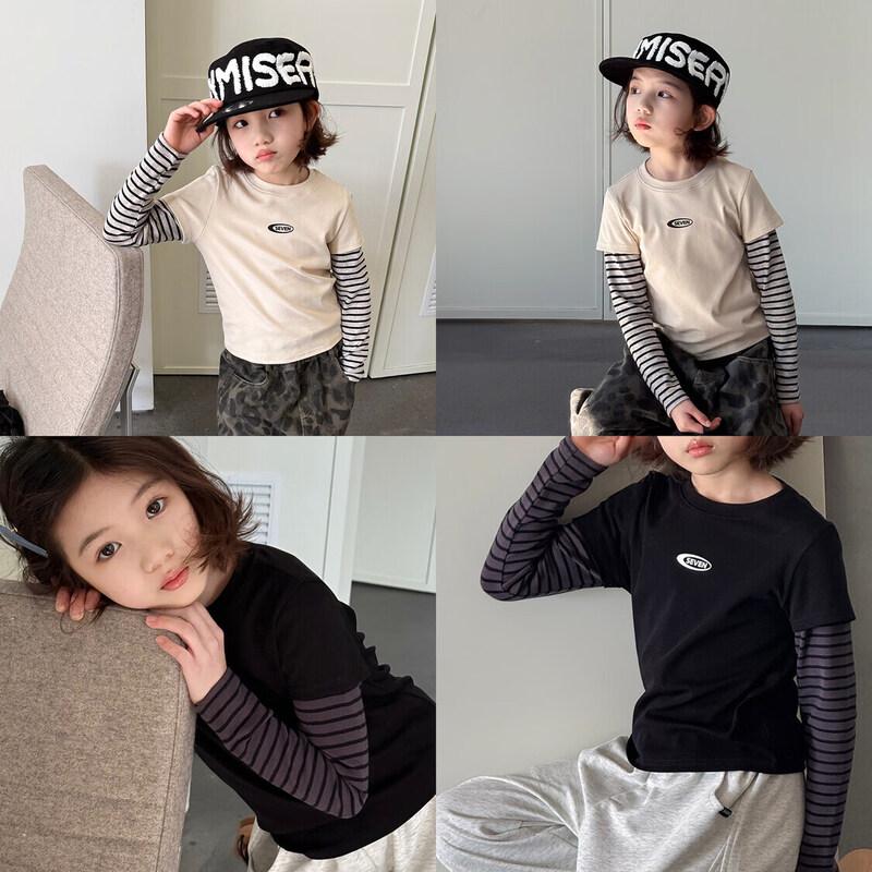 SEVEN BOBI Girls  Fake Two-Piece Striped Long Sleeve T-shirt 120 cm
